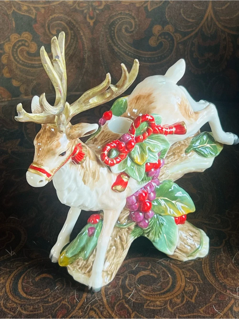 Fitz and Floyd Christmas Reindeer Festive Candle Holder Figurine